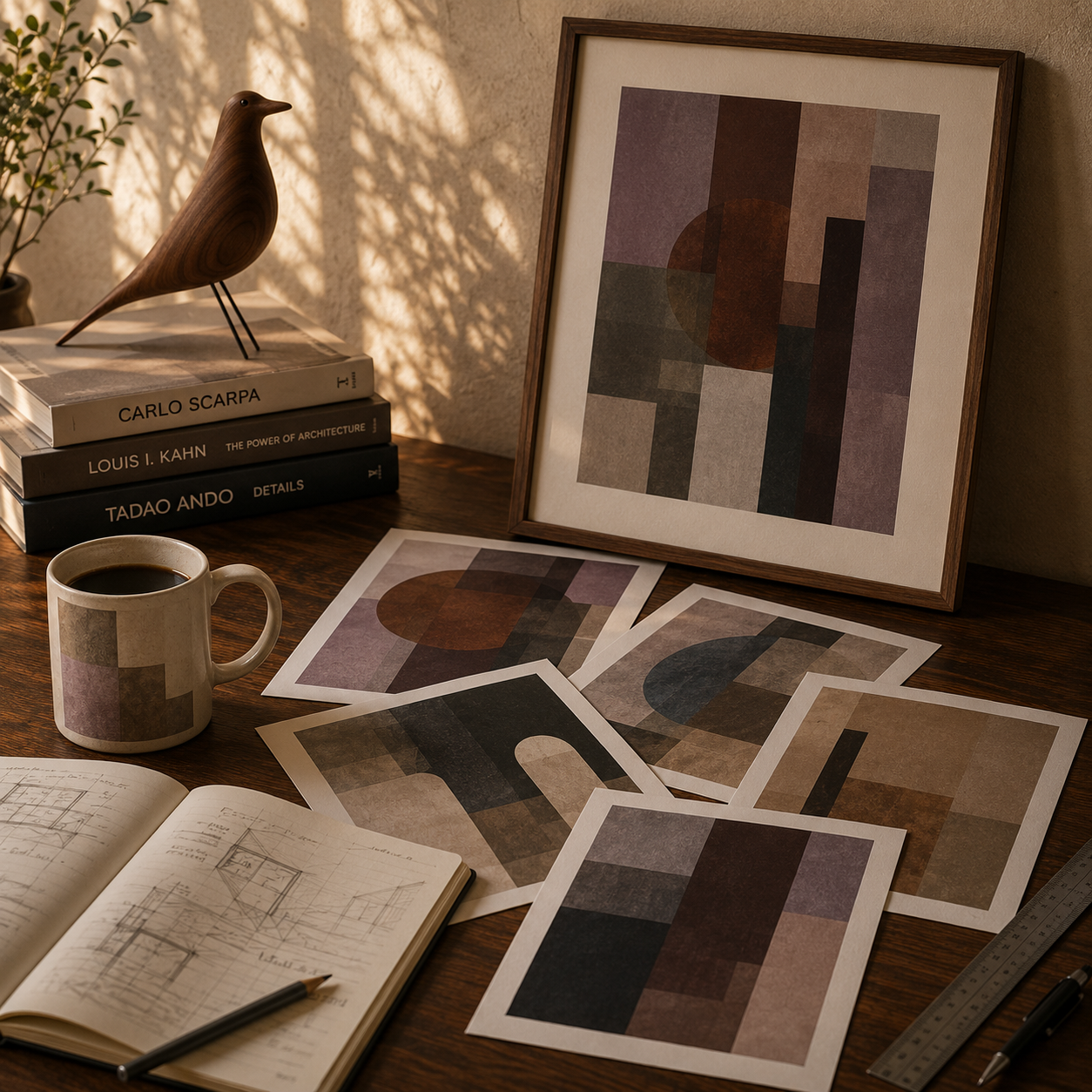 Architectural art prints displayed in a thoughtfully curated studio workspace with framed geometric artwork, design sketches, architecture books, and a ceramic coffee mug.