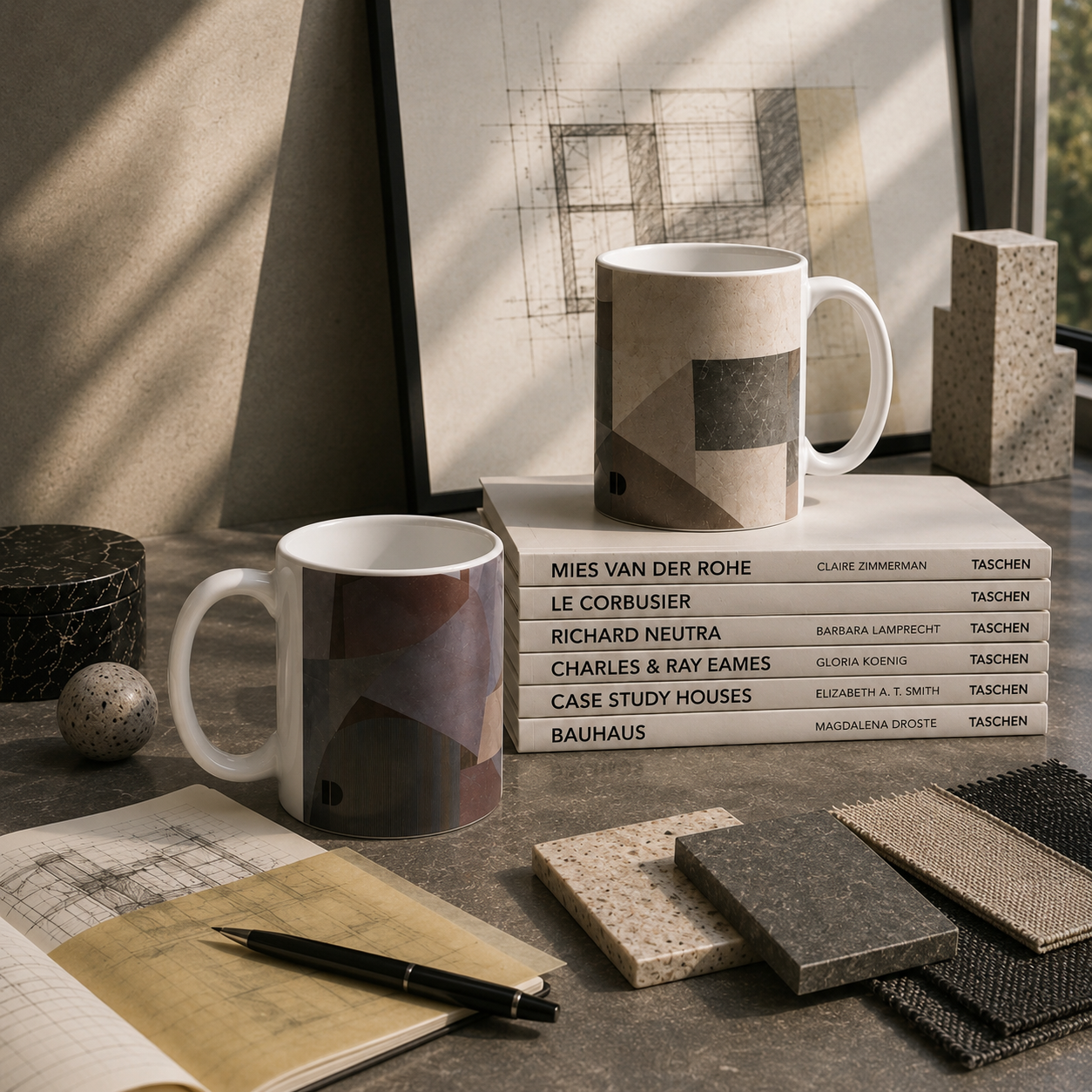 Modern architectural mugs styled in a contemporary design studio with architecture books, material samples, and geometric sketches in warm natural light.