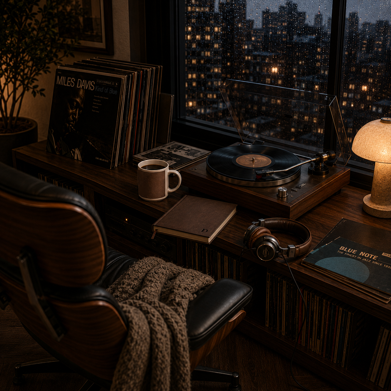 Burnished Brown journal and matching ceramic mug on a walnut desk beside an open notebook filled with jazz notes, headphones, espresso, and architecture books in a cozy rainy-day listening room with vinyl records and an Eames lounge chair.