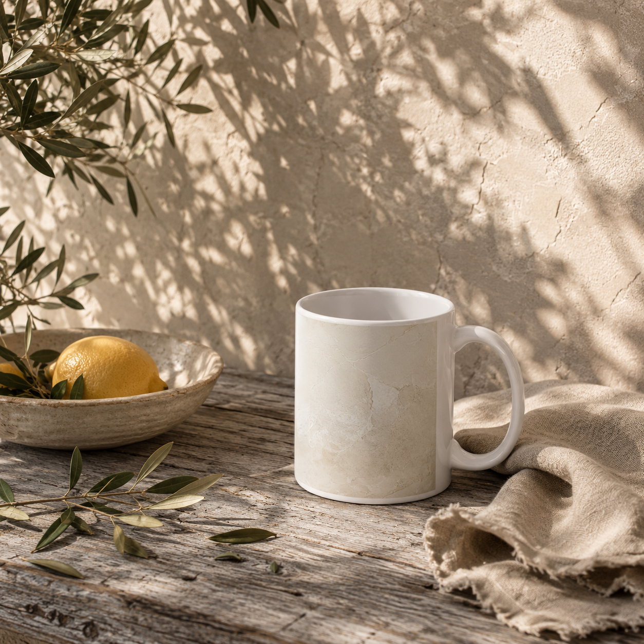 Sunlit Venetian Plaster mug styled with linen, olive branches, and lemons on a weathered gray wood table against a textured plaster wall.