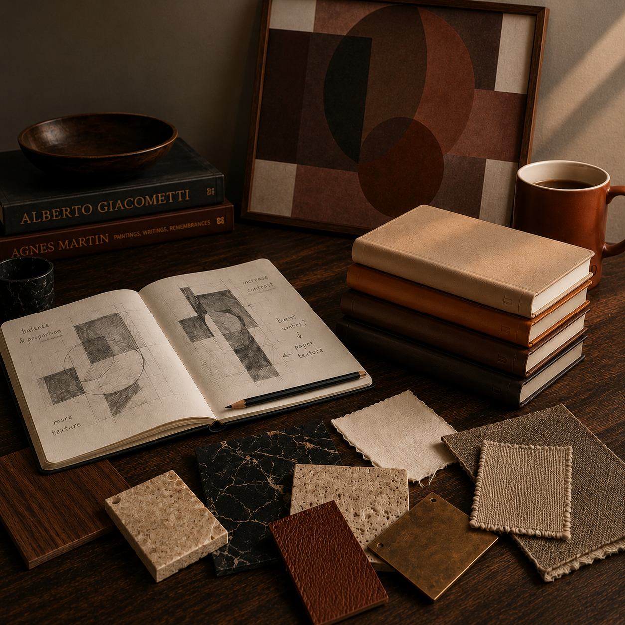 Study in Brown collection inspiration featuring warm earth-tone journals, material samples, geometric sketches, abstract artwork, and a ceramic mug in a modern designer’s workspace.