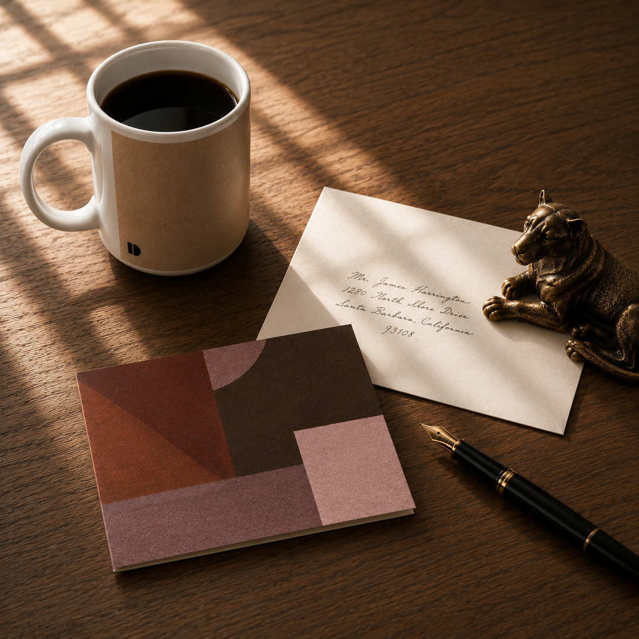 Sunlit walnut desk with The Cultivated Desk ceramic mug, Study in Brown correspondence card, handwritten envelope, fountain pen, and bronze lioness paperweight in a quiet editorial still life celebrating thoughtful correspondence.