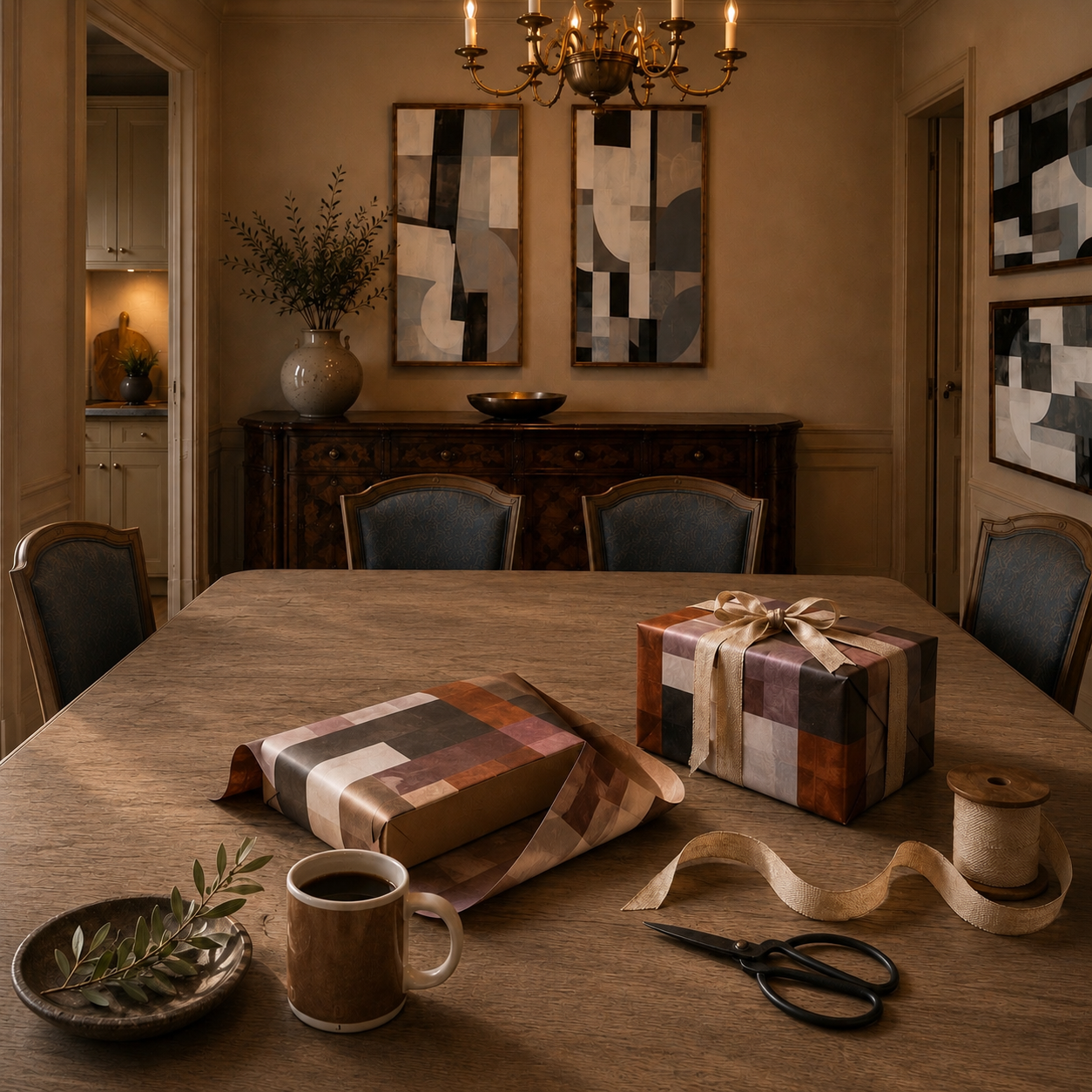 Elegant gift-wrapping scene on a gray-washed dining table with Study in Brown wrapping paper, linen ribbon, wrapped gifts, coffee mug, scissors, and olive branch in a warmly lit dining room.