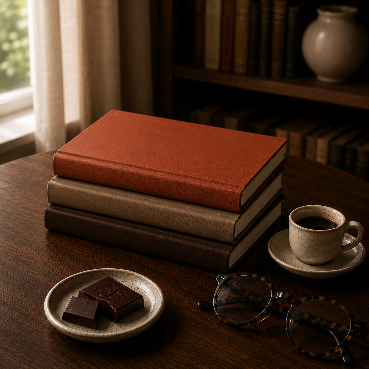 Stack of warm-toned journals on a dark wooden table with tortoiseshell glasses, espresso, and dark chocolate in a softly lit reading nook with blurred bookshelves.