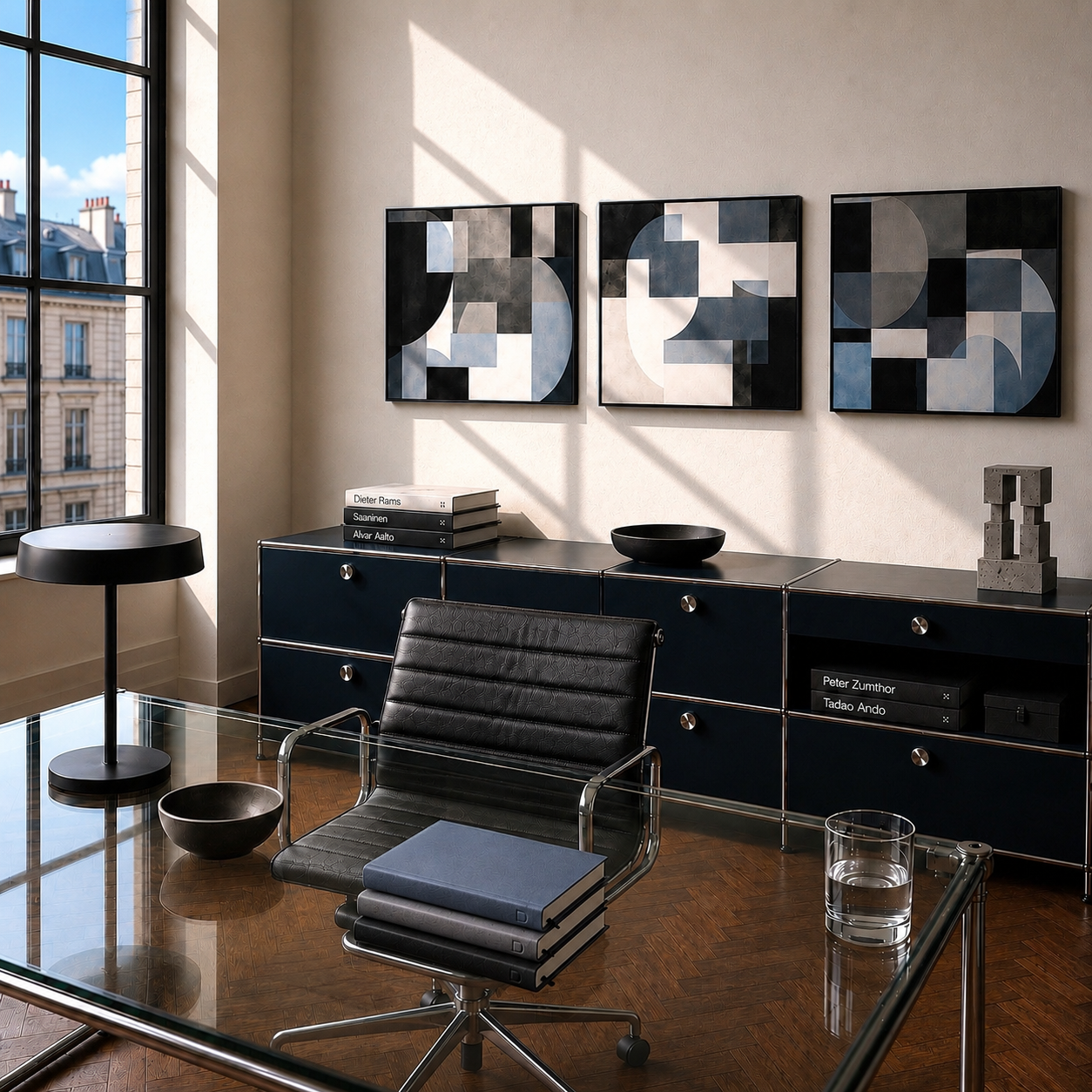 Modern office interior featuring slate blue and charcoal journals on a glass desk, with geometric abstract artwork and contemporary European furnishings.