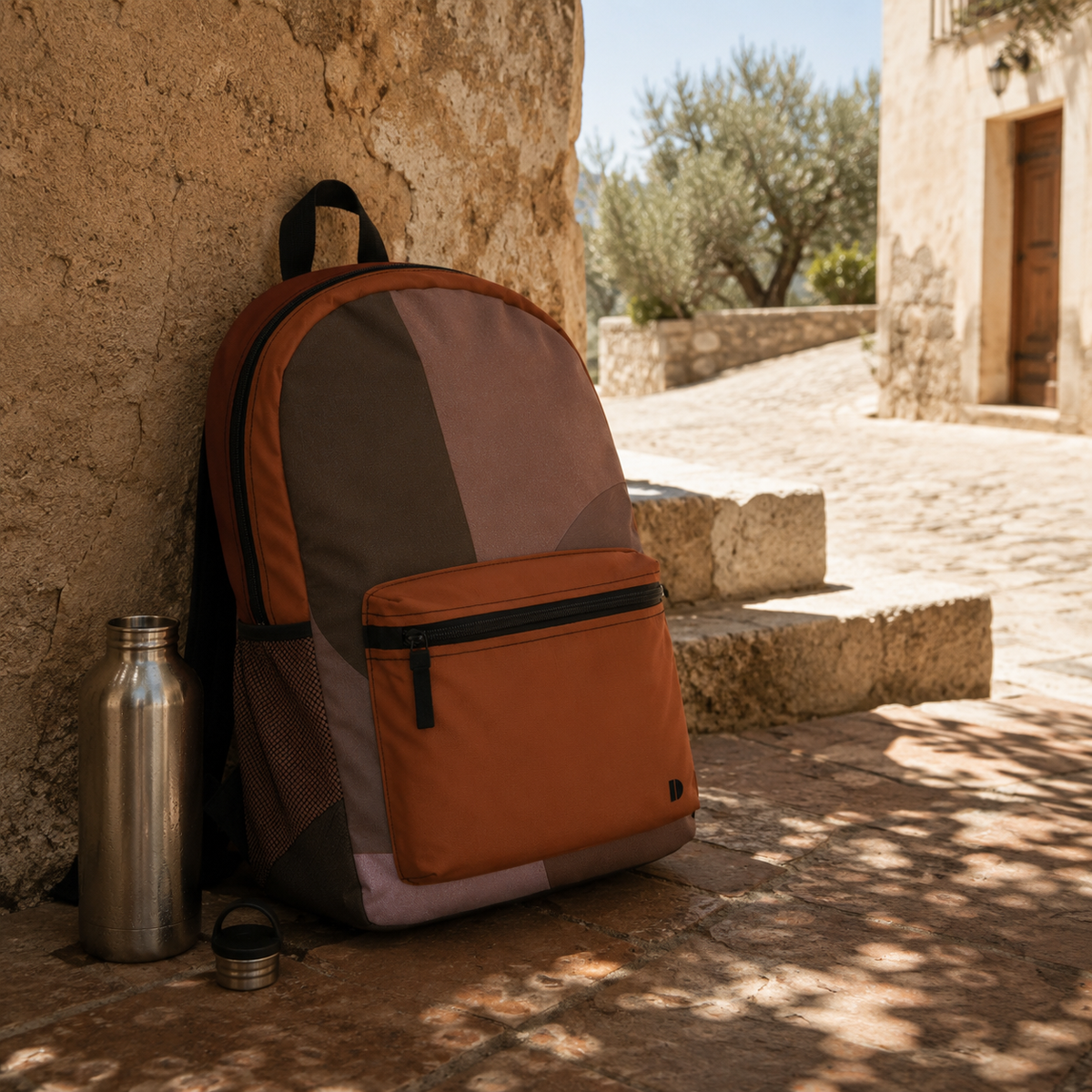 A Study in Brown earth-toned geometric patterned Backpack leaning against a stone wall next to a stainless steel water bottle in a sunny courtyard.