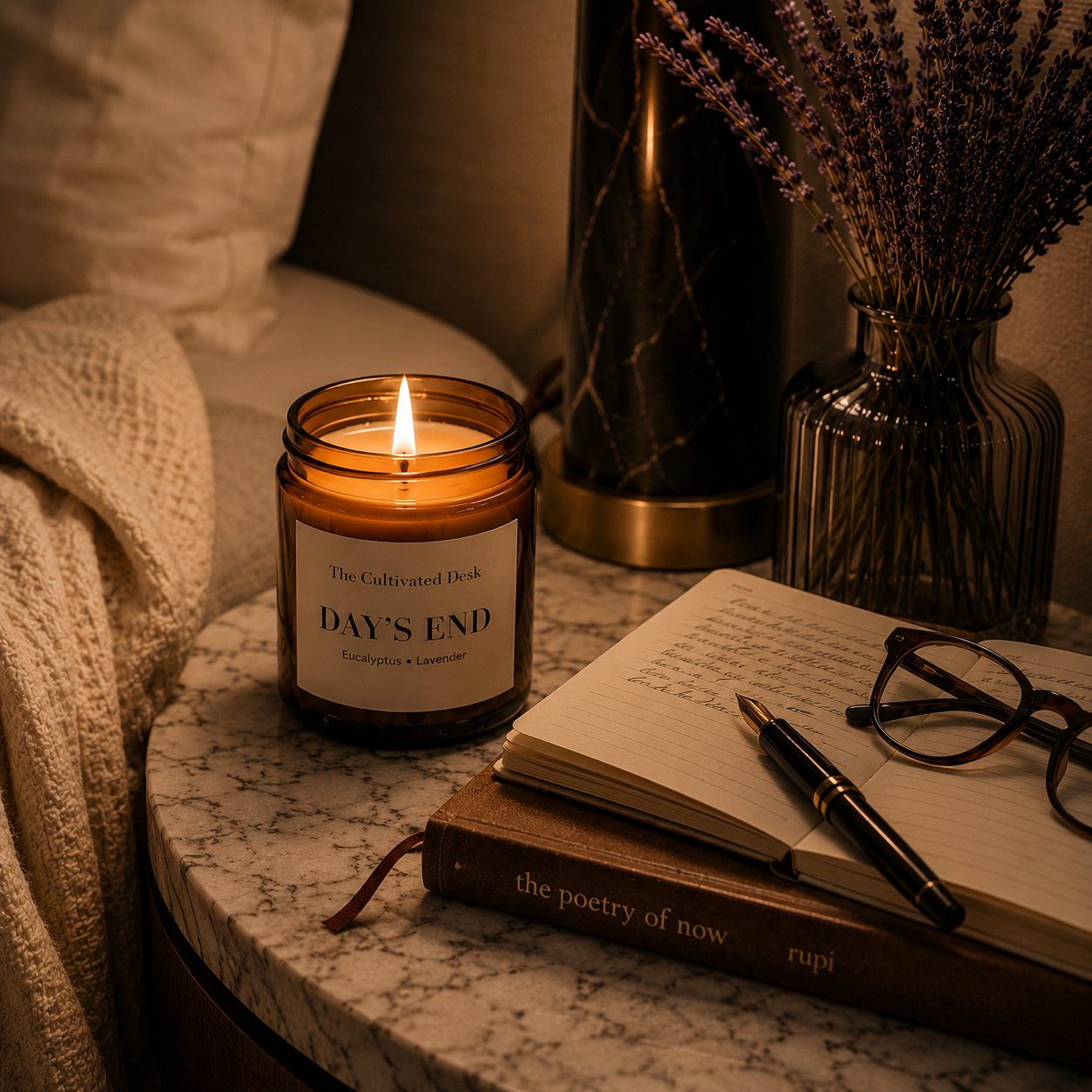 Amber glass candle labeled “DAY’S END” burning on a marble bedside table beside an open journal, fountain pen, reading glasses, linen throw, and lavender in a softly lit bedroom.