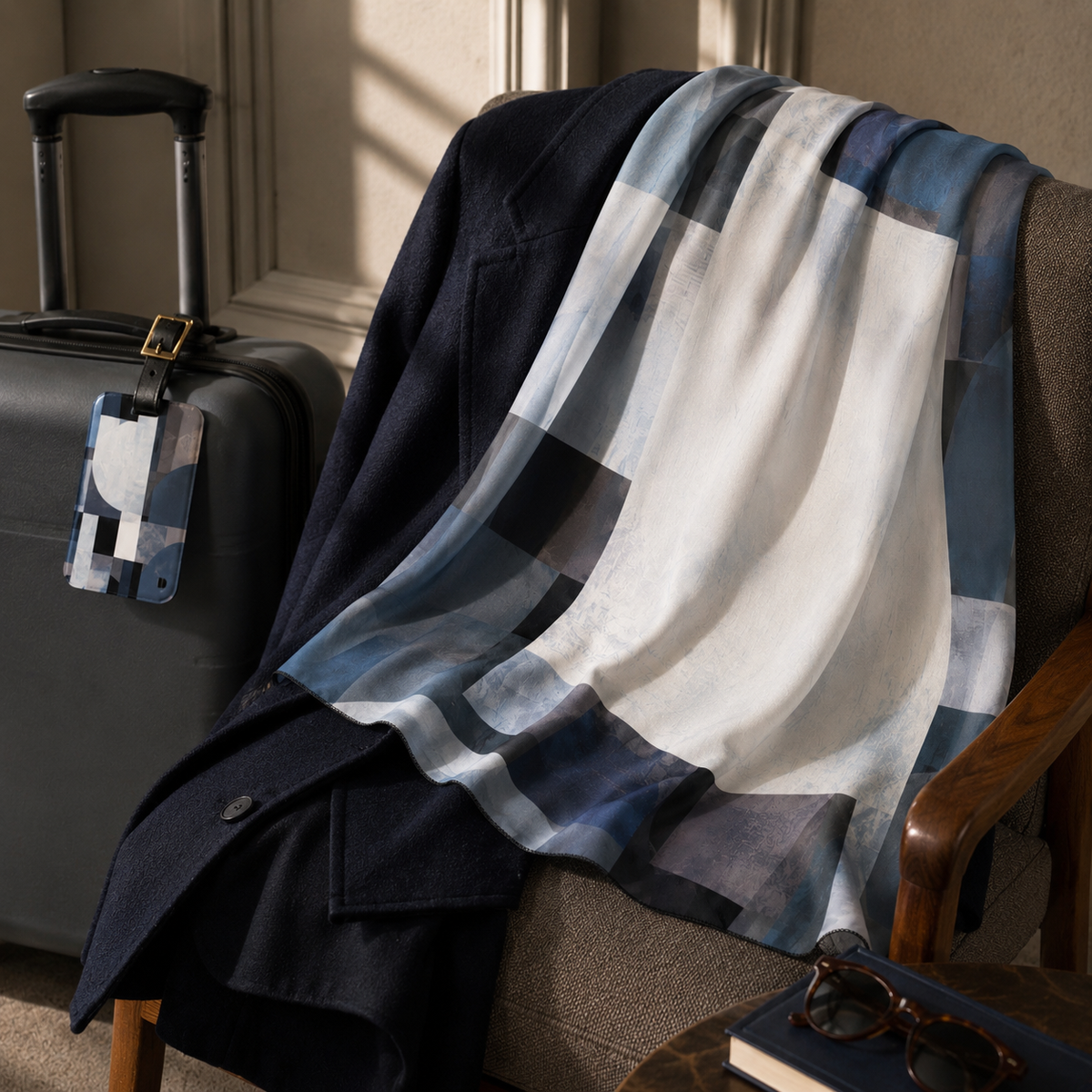 A patterned blue, grey, and white Companion Scarf draped over a navy wool coat on an armchair next to a rolling suitcase.