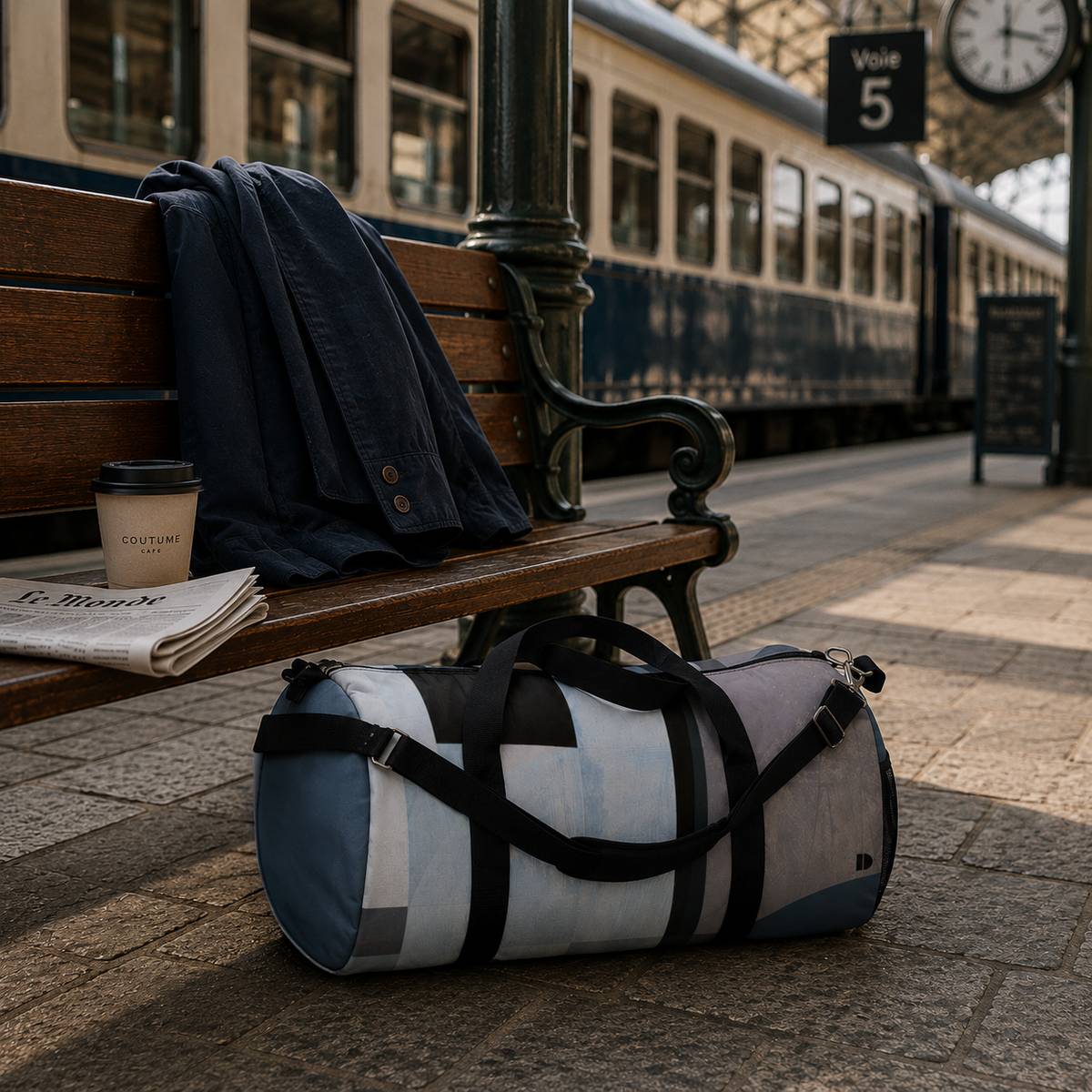 A Slate and Blue Duffel with a blue, grey, and black geometric pattern resting on a train station platform next to a wooden bench.