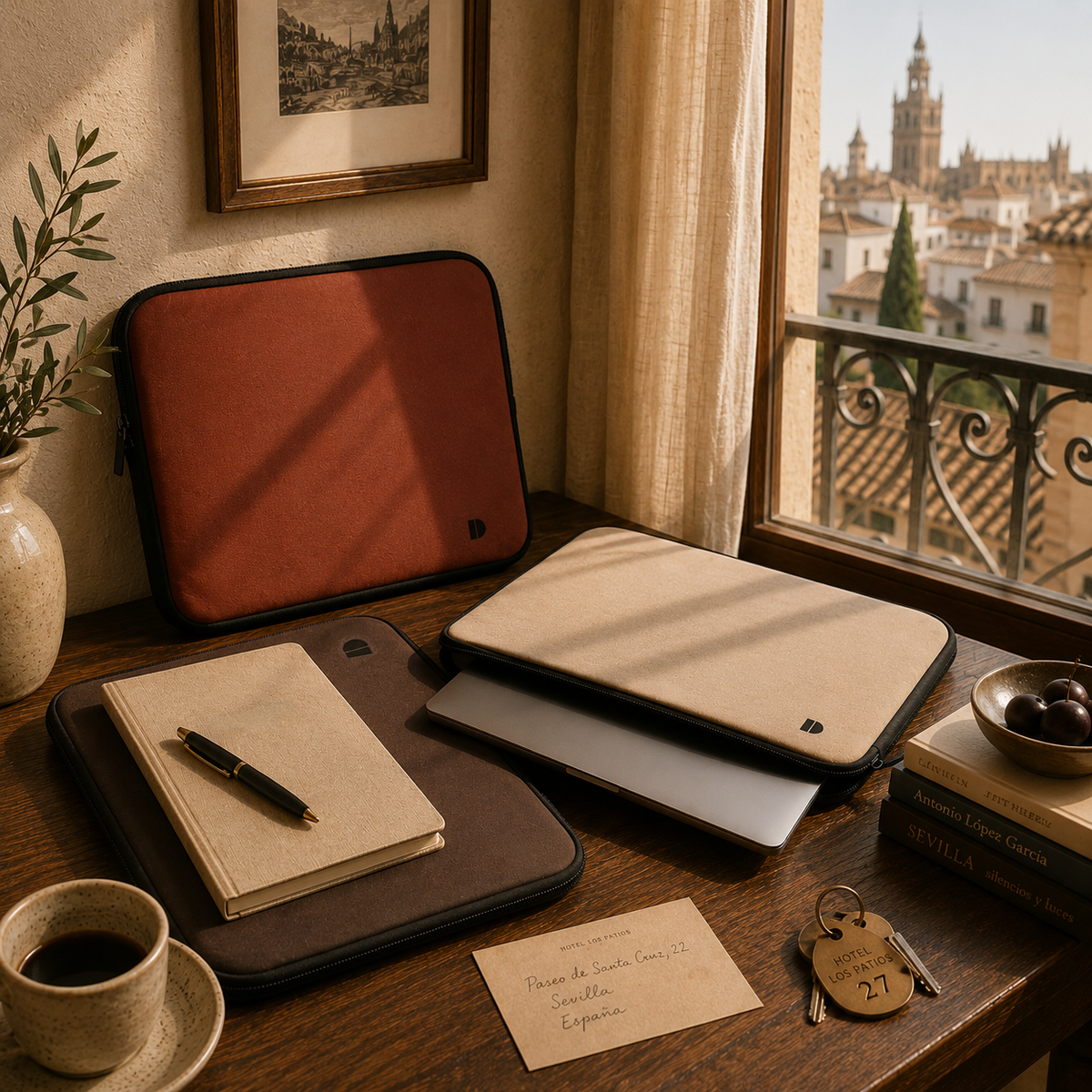A collection of minimalist laptop sleeves, notebooks, and a coffee cup arranged on a wooden desk by a window overlooking a European city.