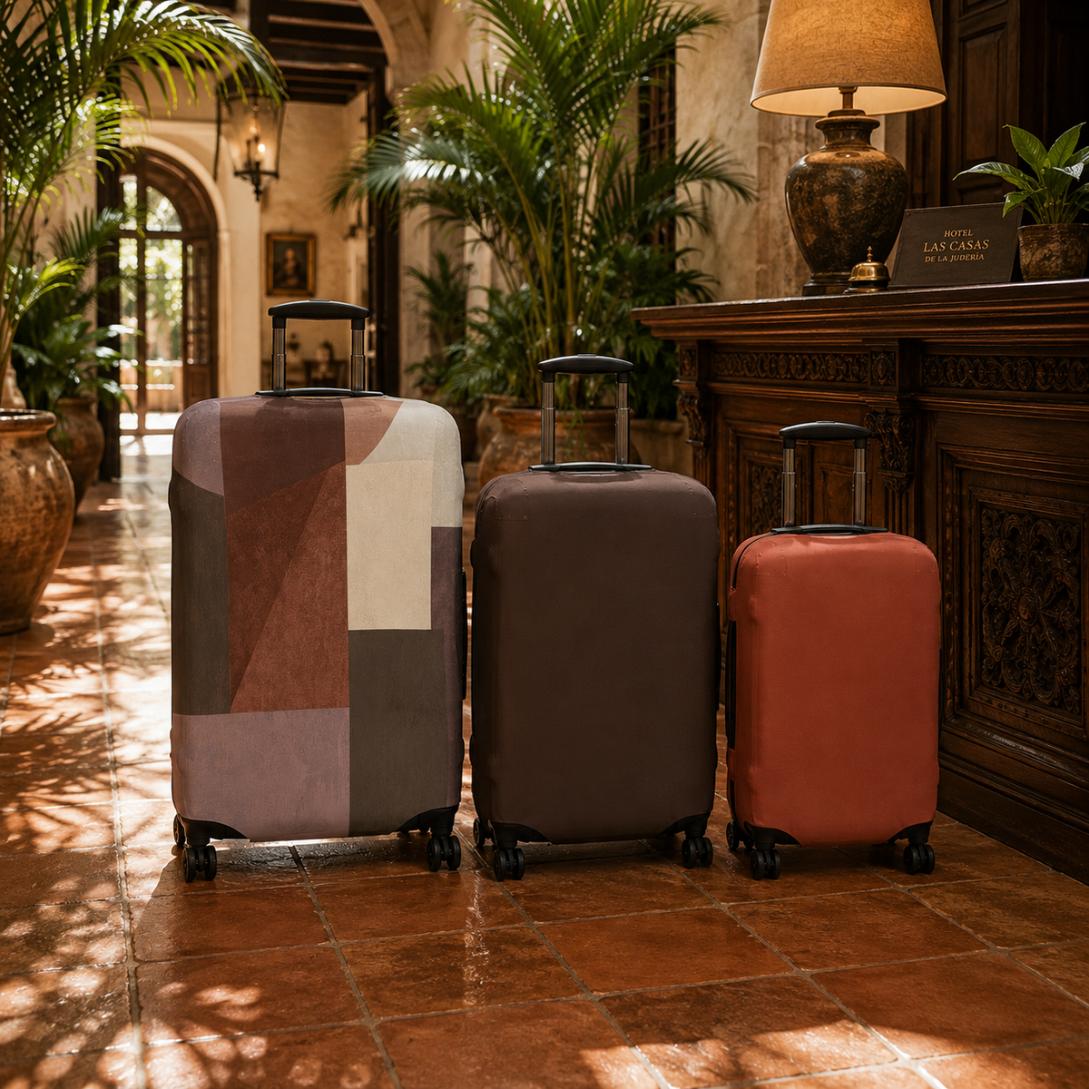 Three rolling suitcases with protective Luggage Covers in Study in Brown geometric, Espresso, and Sienna colors standing in a sunlit hotel lobby.