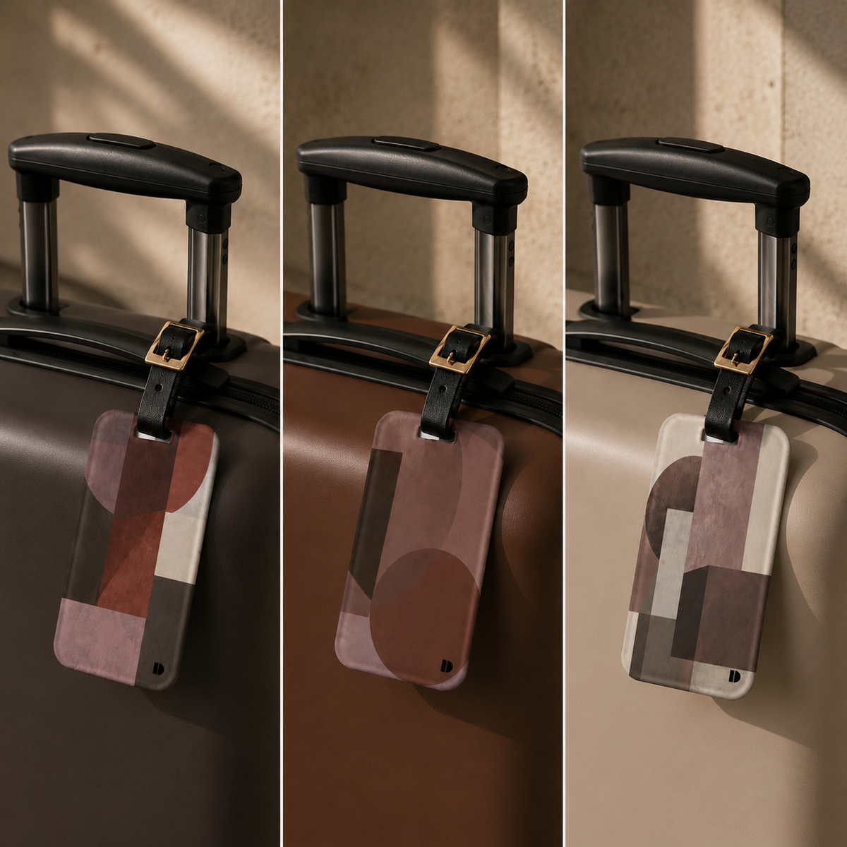 Three variations of geometric patterned Study in Brown Luggage Tags attached to the handles of Espresso, Burnt Umber, and Latte hardshell suitcases.
