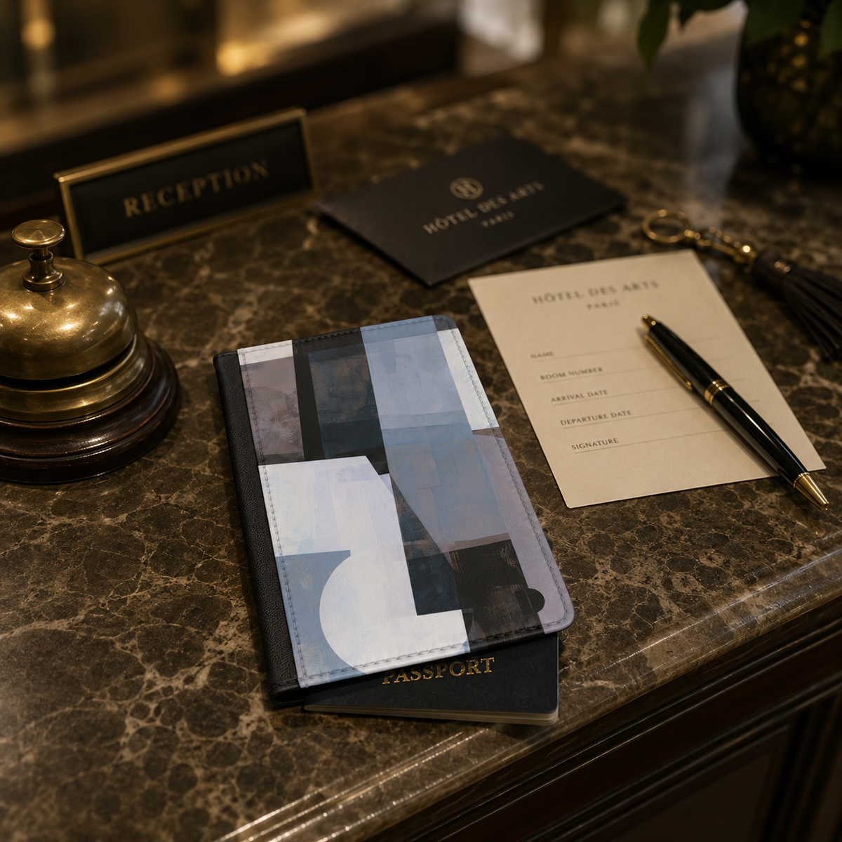 A passport enclosed in a Slate and Blue blue and grey geometric patterned cover resting on a marble hotel reception desk next to a pen and a vintage call bell.