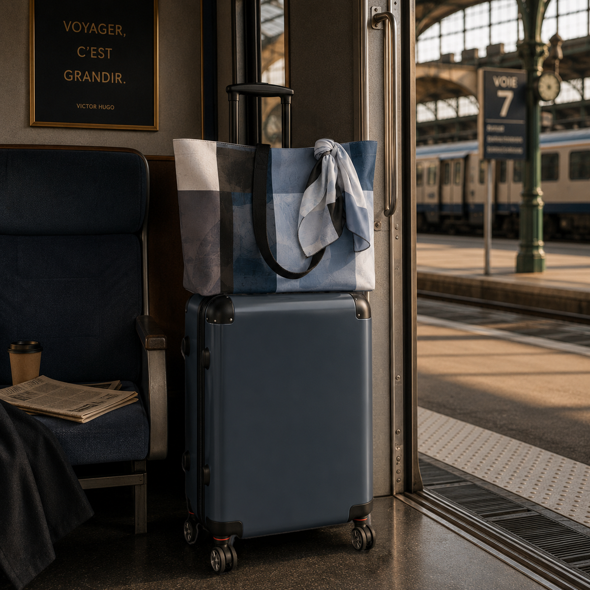 A Slate Blue hardshell suitcase with a matching blue geometric Weekender Tote and Companion Scarf sitting inside a train doorway at a station.