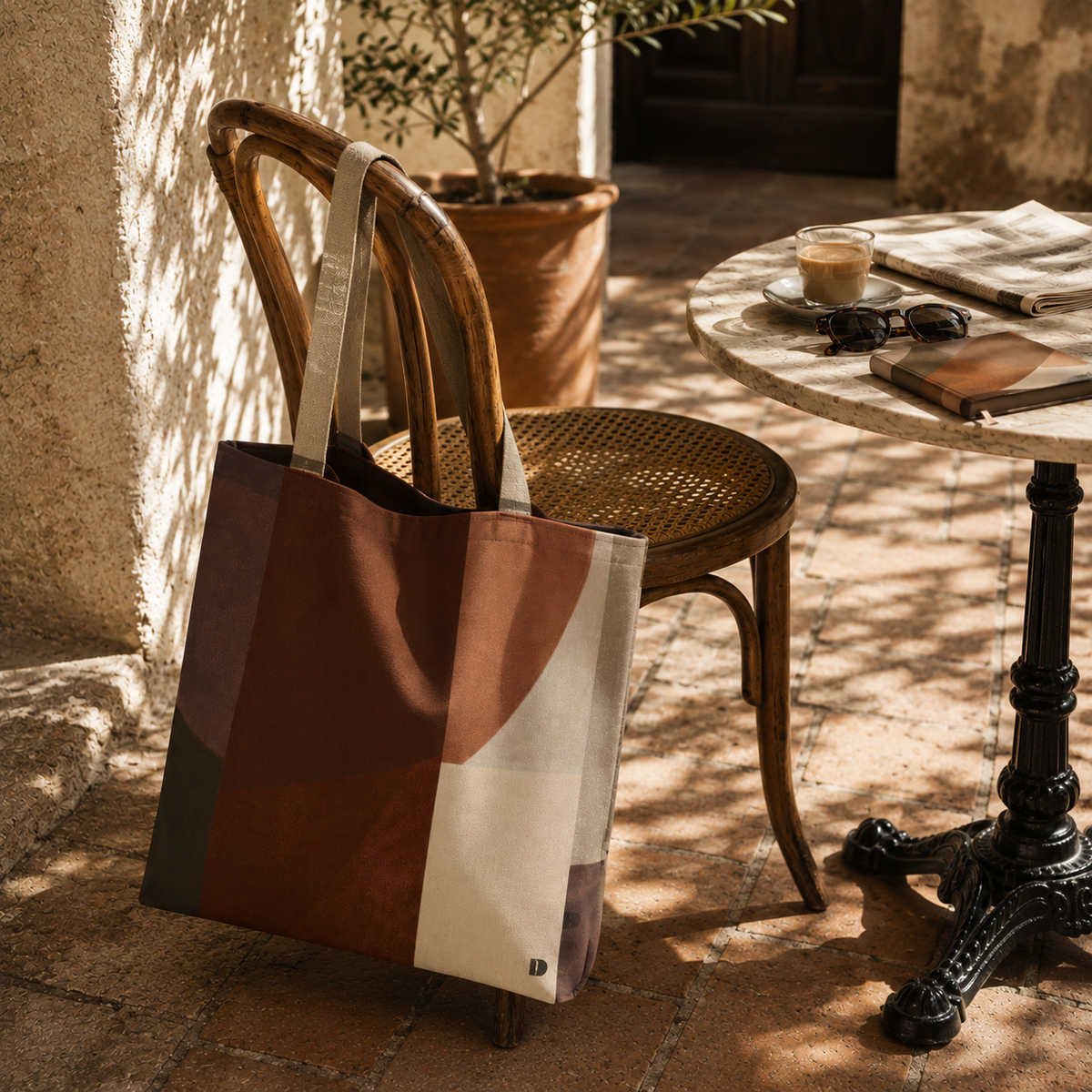 A canvas Study in Brown large Market Tote featuring an earth-toned geometric pattern hanging from a wooden chair at a sunlit outdoor cafe.