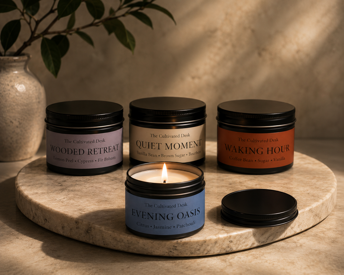 Four scented On the Move Travel Candles candles in black tins arranged on a round marble tray, featuring a lit "Evening Oasis" candle in the front.