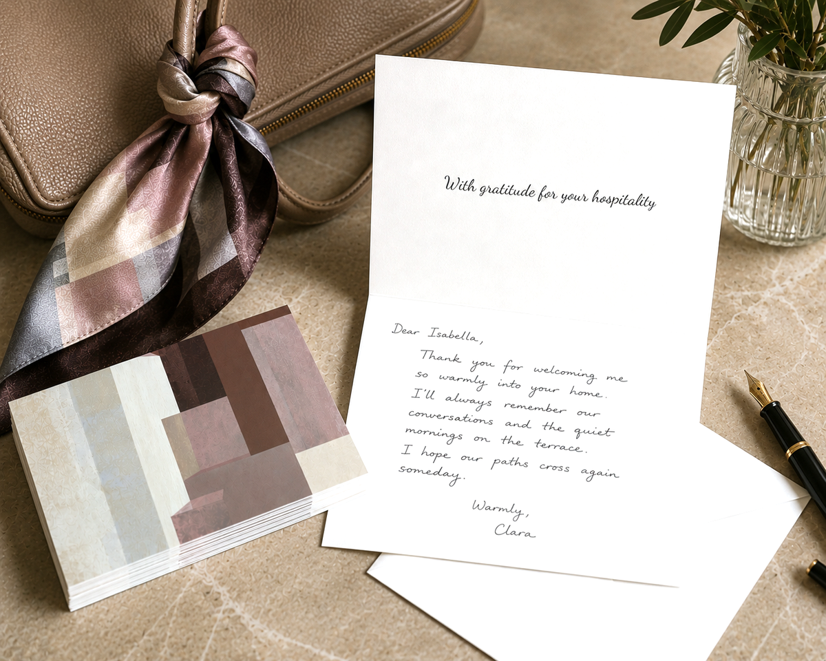 A lifestyle product shot of the Travel Gratitude Card set by The Cultivated Desk, featuring a stack of abstract geometric patterned note cards next to an open card with a handwritten message.