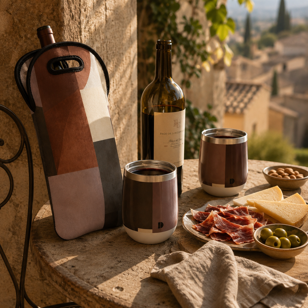 An insulated Wine Tote and two matching portable Wine Tumblers in an earth-toned geometric pattern on a rustic stone table with wine, cheese, and charcuterie.