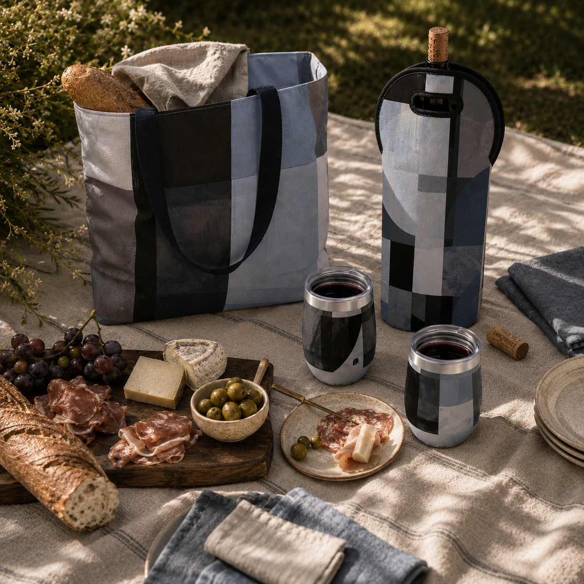 Two insulated Wine Tumblers with a matching geometric Market Tote and Wine Tote arranged on a outdoor picnic blanket with a charcuterie spread.