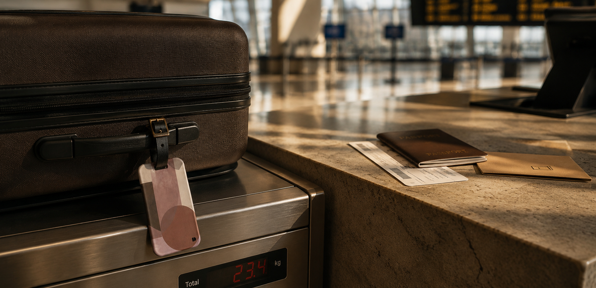 A dark brown hard-shell suitcase sits on a luggage scale at an airport, with a Study in Brown multi-colored luggage tag attached. A passport and a brown envelope are placed on a stone counter in the foreground, with a softly blurred airport terminal in the background.