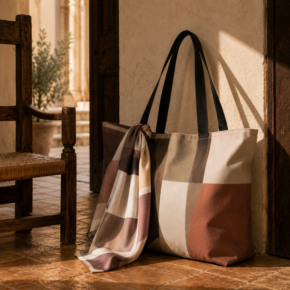 A large Study in Brown Weekender Tote  stands against a sunlit stucco wall on a terracotta tile floor, next to a wooden chair. A matching Companion Scarf with a large-scale geometric patchwork pattern in beige, brown, mauve, and cream is tied to the front of the bag.