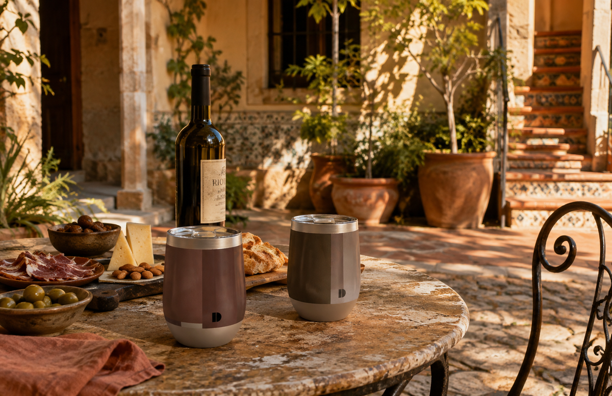 Two insulated Wine Tumblers with clear plastic lids and multi-colored brown lower bodies sit on a stone patio table beside a wine bottle, cheese, cured meats, olives, and bread. The setting is a sunlit courtyard with warm stone walls and potted plants.