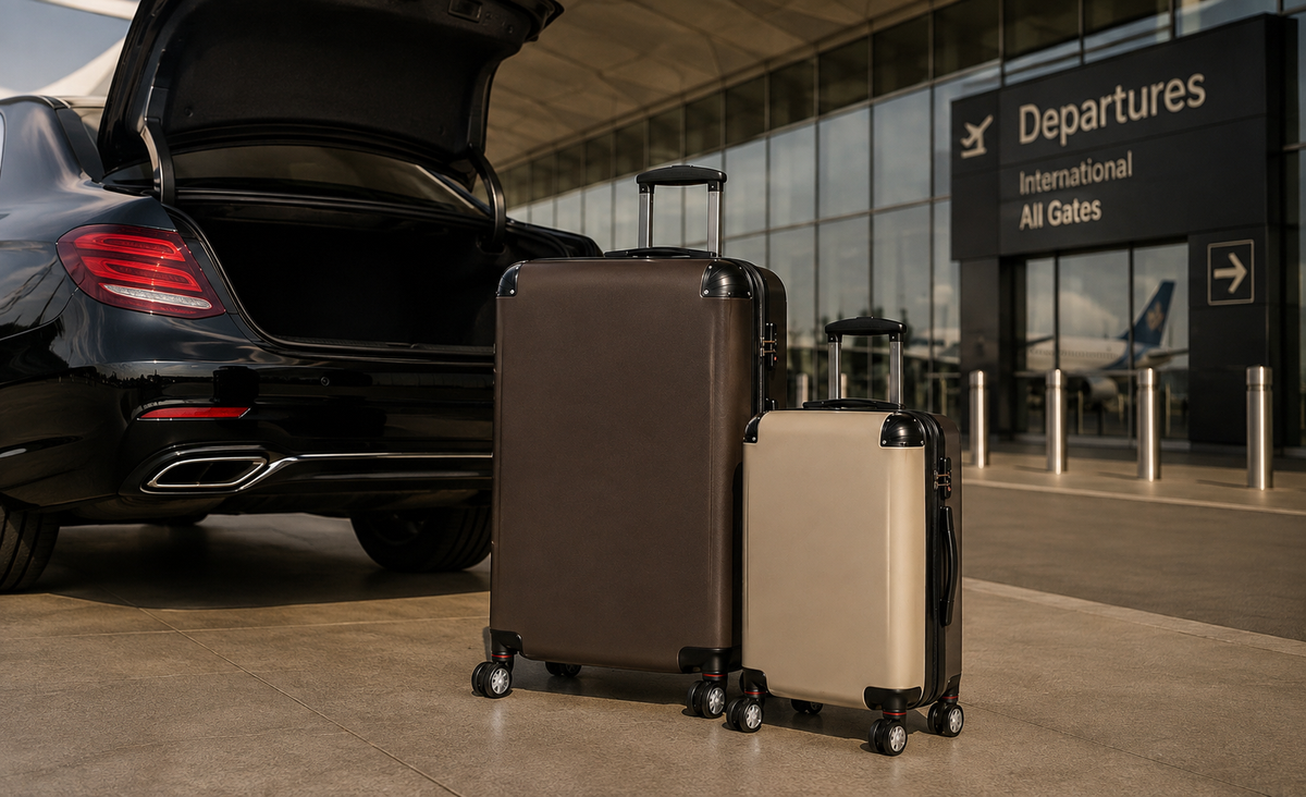 Two hard-shell rolling suitcases, one dark dark brown and one light beige, standing in front of an airport departure terminal next to an open black car trunk.