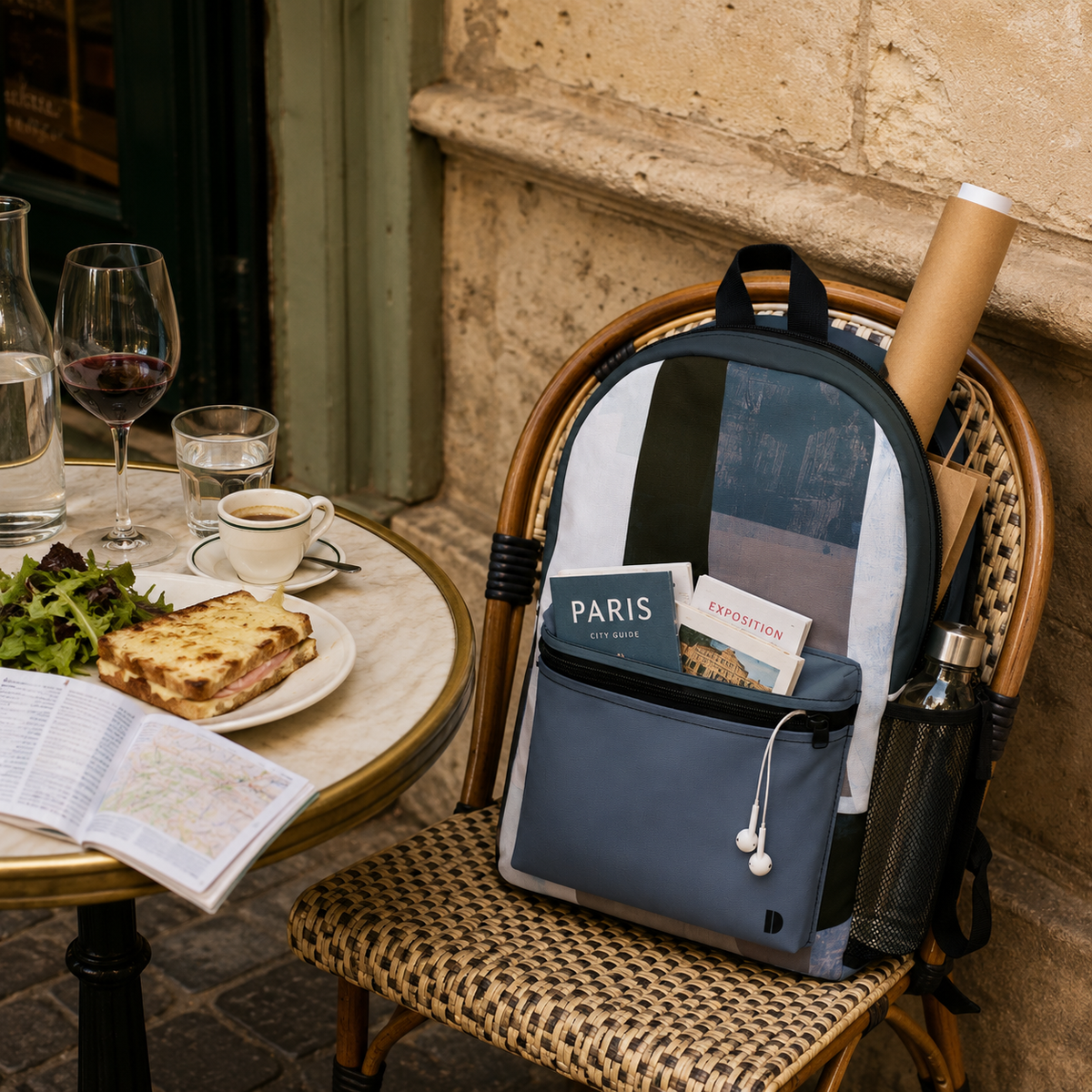A Slate and Blue Backpack in navy, gray and white sits on a woven chair next to a table with a sandwich, wine glass, and coffee in an outdoor cafe setting.