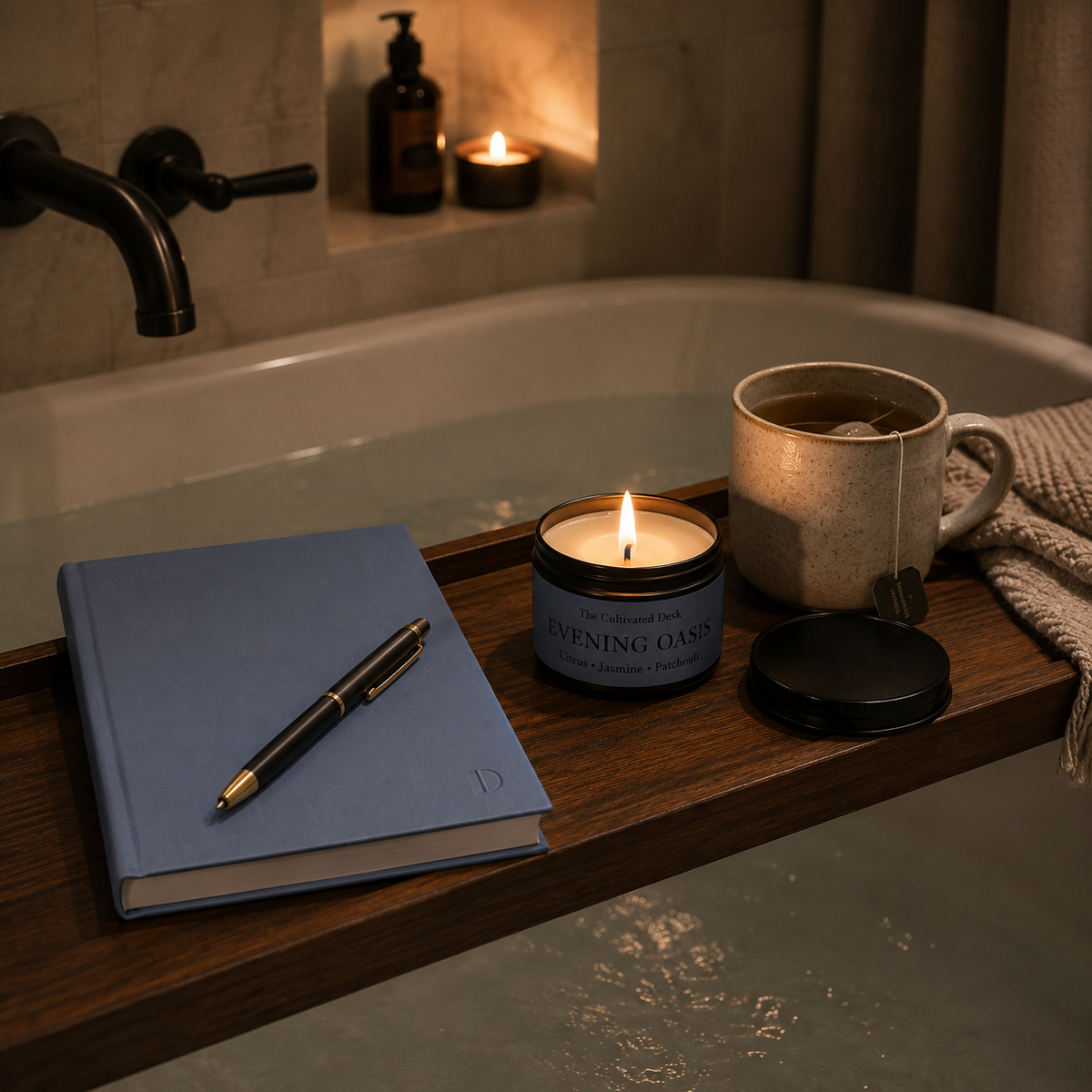 A candle labeled 'Evening Oasis' sits on a wooden bath shelf next to a blue journal, a black pen, and a ceramic mug with a tea bag, in a dimly lit bathroom setting.