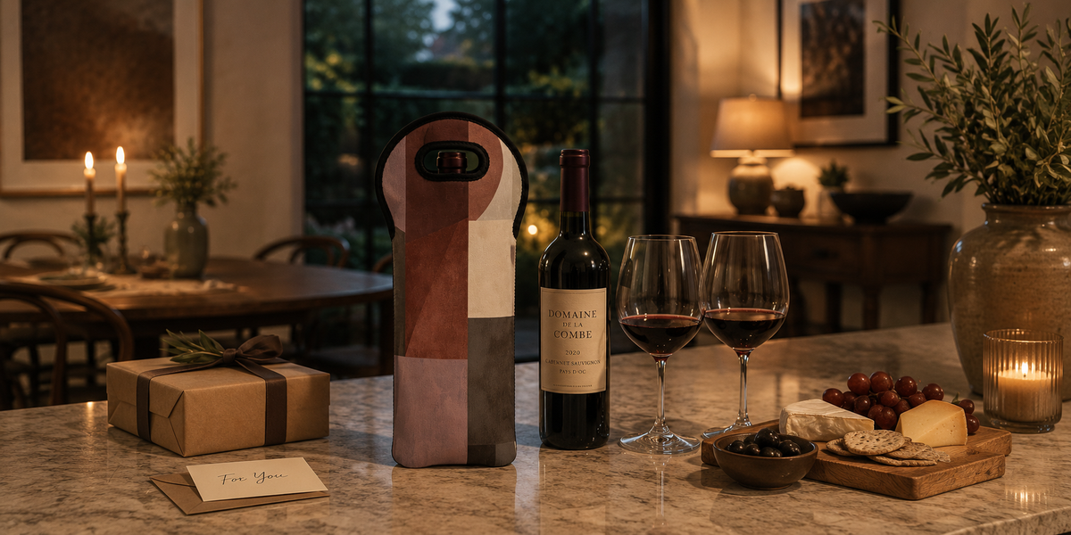 A wine bottle with a Study in Brown geometric Wine Tote, two wine glasses filled with red wine, and a charcuterie board with cheese, crackers, and grapes on a kitchen island. A wrapped gift box and a card are in the foreground, with a warmly lit dining room in the background.
