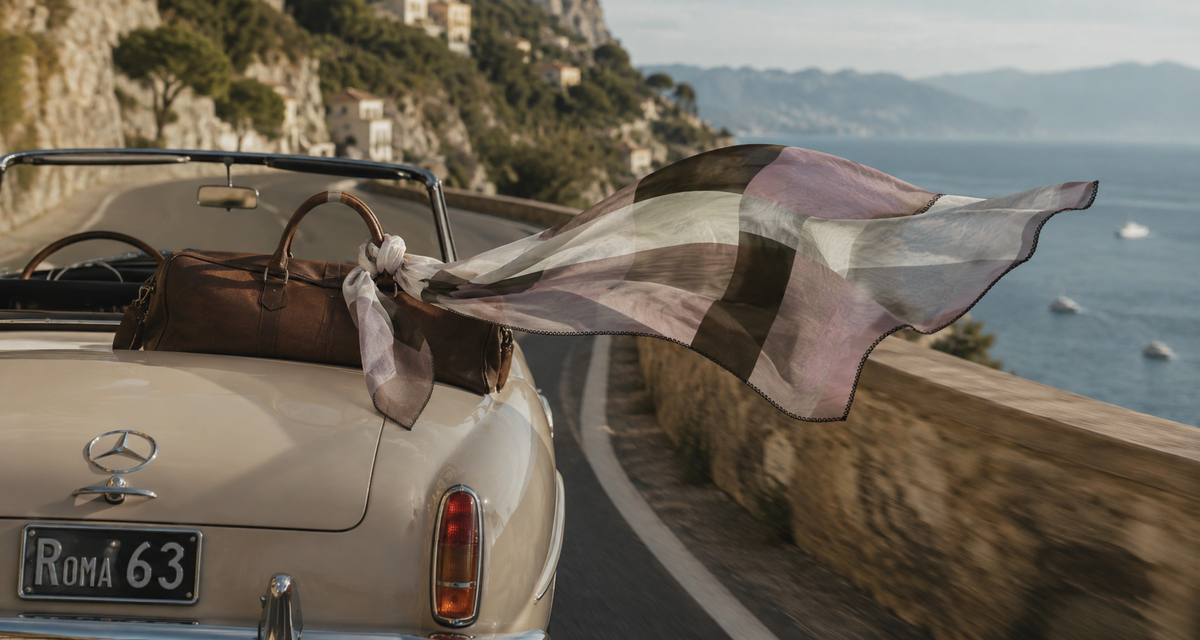 A beige vintage convertible car sits along a coastal road with a large patterned scarf and a brown leather bag flying from the back, with the sea and cliffs in the background.