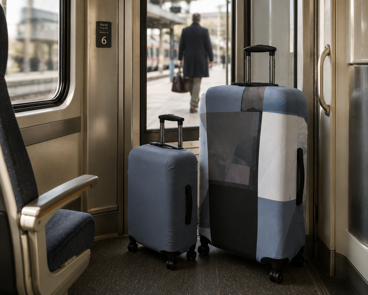 Two fitted luggage suitcase covers in a train carriage, one small light blue luggage cover and one larger Slate and Blue luggage cover in blue, gray and white. A walking passenger is visible through the train door in the background.