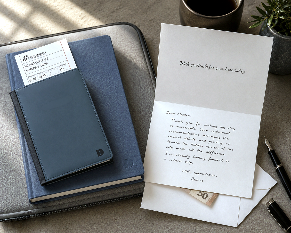 A styled flat-lay of a dark blue faux leather passport holder, Metro Blue journal on a gray laptop sleeve, alongside a handwritten Travel Gratitude Card, an envelope, a pen, and a coffee cup on a tabletop.
