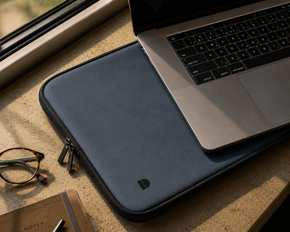 A dark blue laptop sleeve with a black zipper and a small black logo, shown on a desk with a silver laptop, eyeglasses, and a notebook near a window.