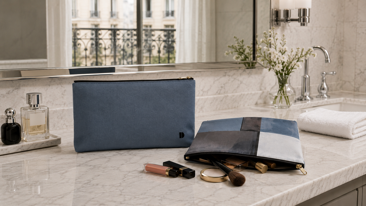 A Slate Blue zippered cosmetic pouch sits on a marble bathroom counter beside a Slate and Blue color block pouch, with cosmetics and a folded towel nearby. A mirror, sink, and flowers are visible in the background.