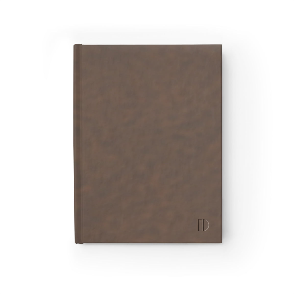 Minimalist brown hardcover journal by The Cultivated Desk, featuring a front cover view with a subtle faux debossed geometric logo in the corner.