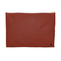 A rectangular reddish-brown textured pouch with a gold zipper and a small black monogram logo in the bottom right corner, set against a plain white background.