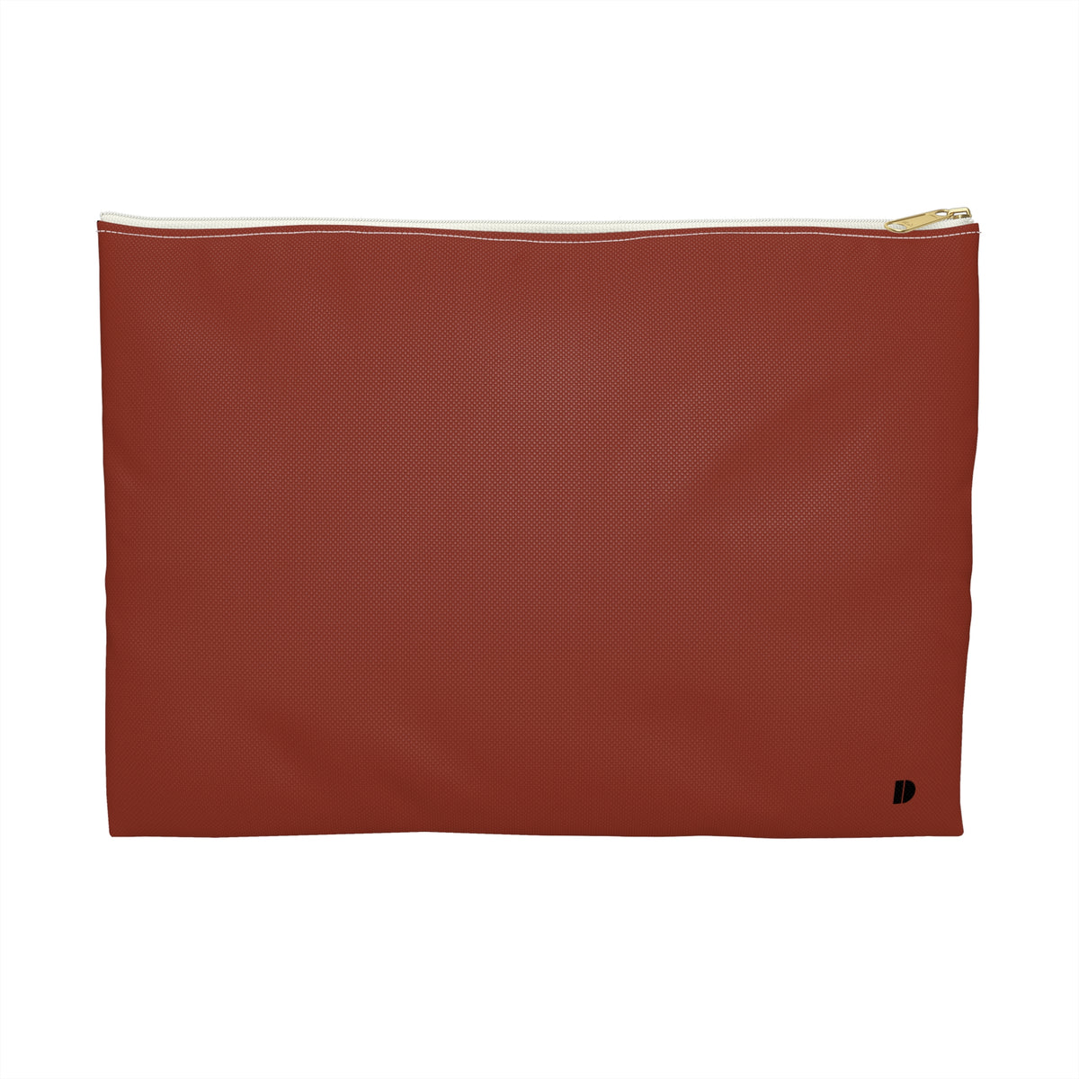 A rectangular reddish-brown textured pouch with a gold zipper and a small black monogram logo in the bottom right corner, set against a plain white background.