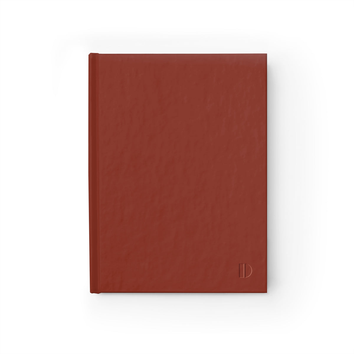 Minimalist burnt umber hardcover journal by The Cultivated Desk, featuring a front cover view with a subtle faux debossed geometric logo in the corner.