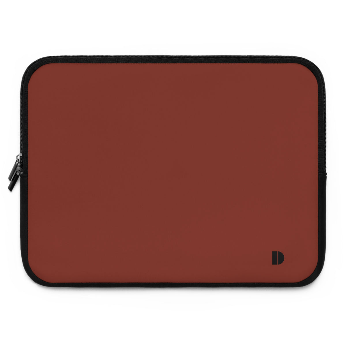 A rectangular laptop sleeve in a solid reddish-brown color with black trim and a small black logo in the bottom right corner, shown on a plain white background.