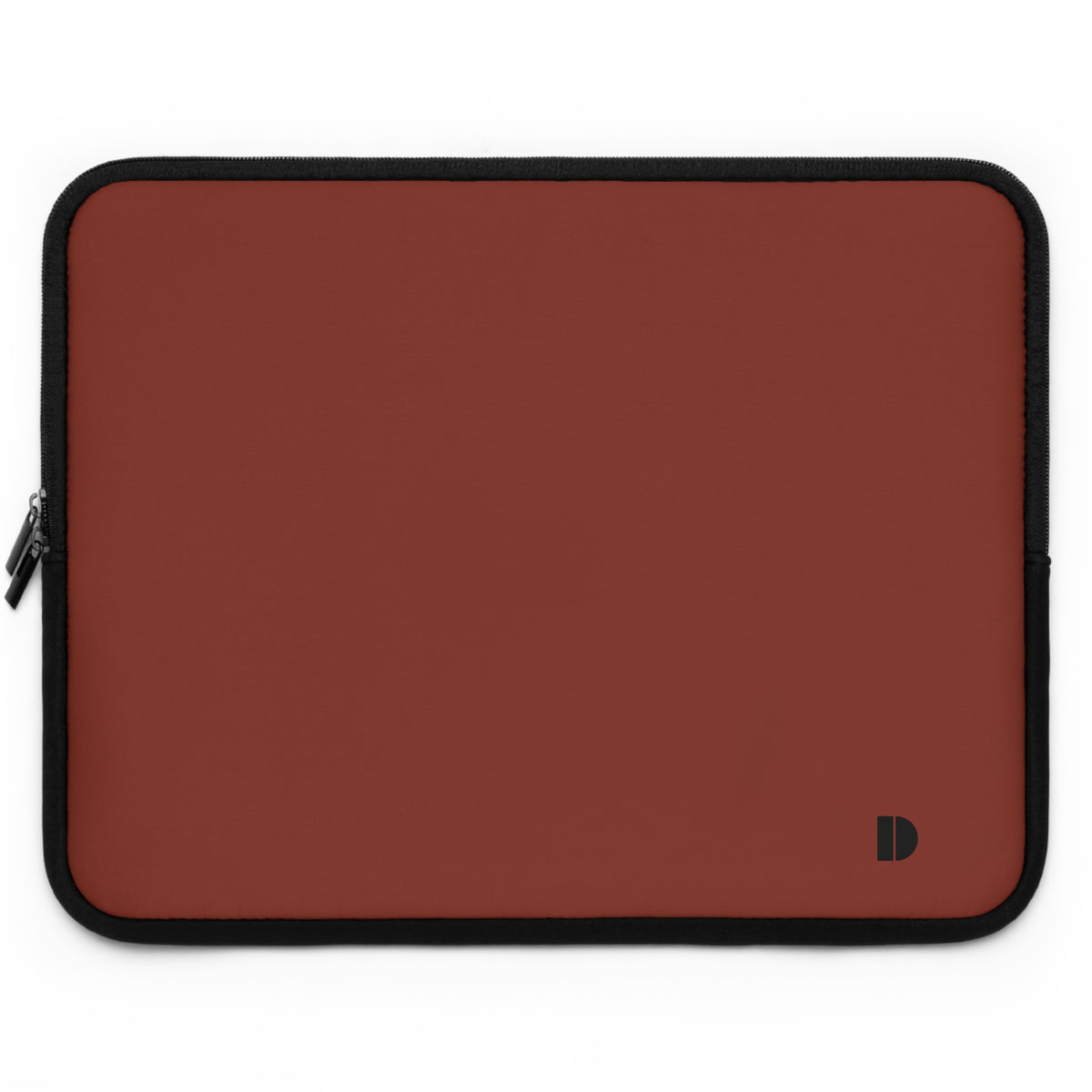 A rectangular laptop sleeve in a matte reddish-brown color with black trim and a small black logo in the bottom right corner, shown on a plain white background.