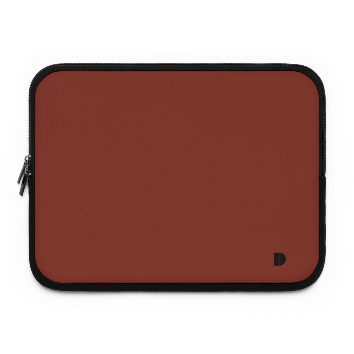 A rectangular laptop sleeve in a muted terracotta red color with black trim and a small black monogram logo in the bottom right corner, shown on a plain white background.