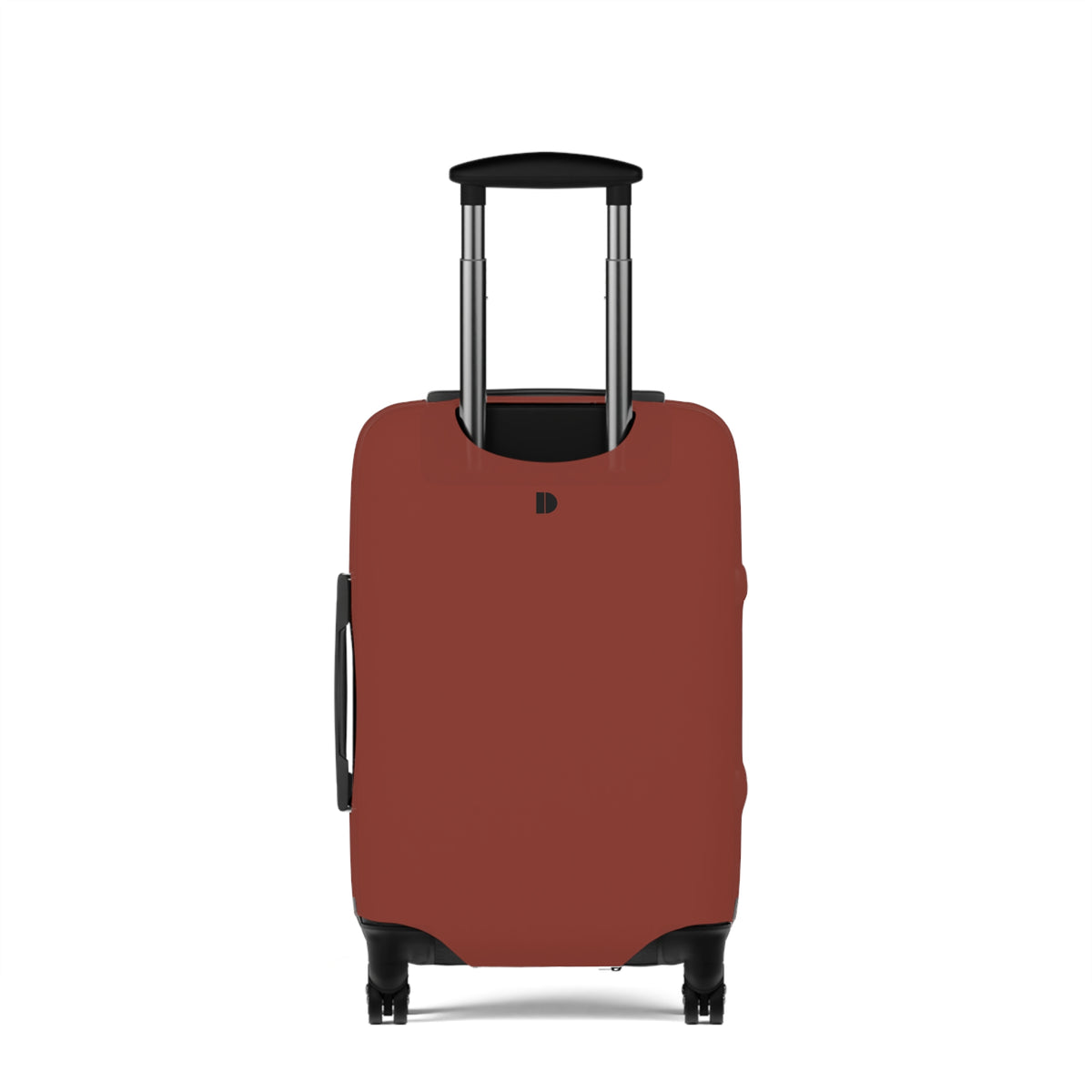 A hard-shell suitcase fitted with a  protective cover in a muted terracotta or rust red color. The cover features a small black monogram logo near the top center.