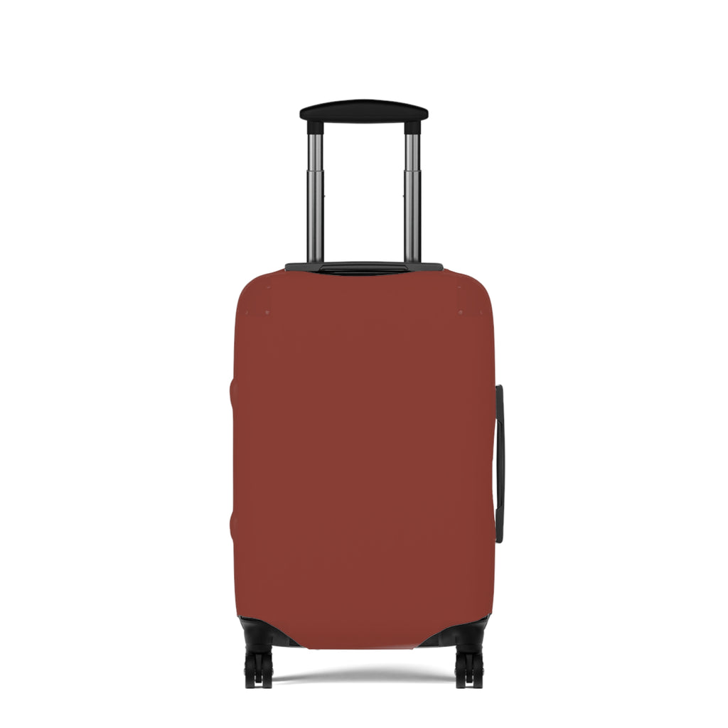 A hard-shell suitcase fitted with a  protective cover in a muted terracotta or rust red color. 