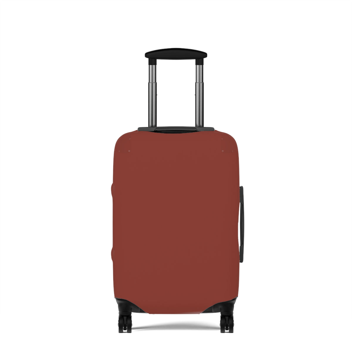A hard-shell suitcase fitted with a  protective cover in a muted terracotta or rust red color. 