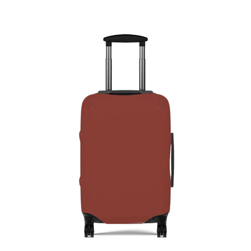A hard-shell suitcase fitted with a  protective cover in a muted terracotta or rust red color. 