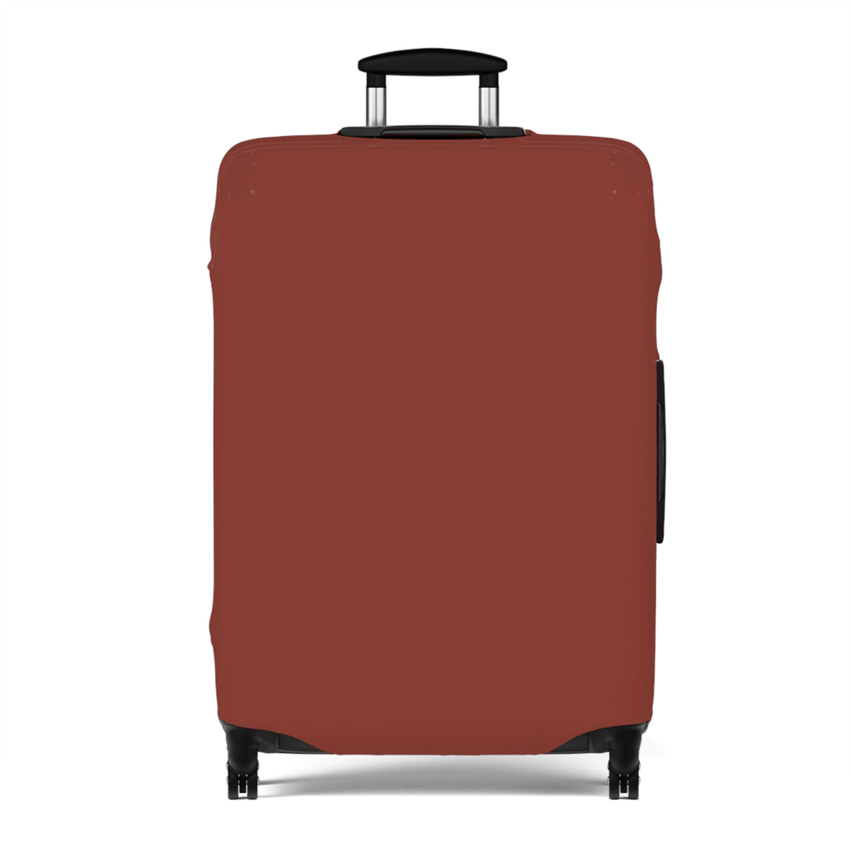A rust-red or terracotta-colored hard-shell suitcase cover fitted on a rolling suitcase, shown from the front against a plain white background.