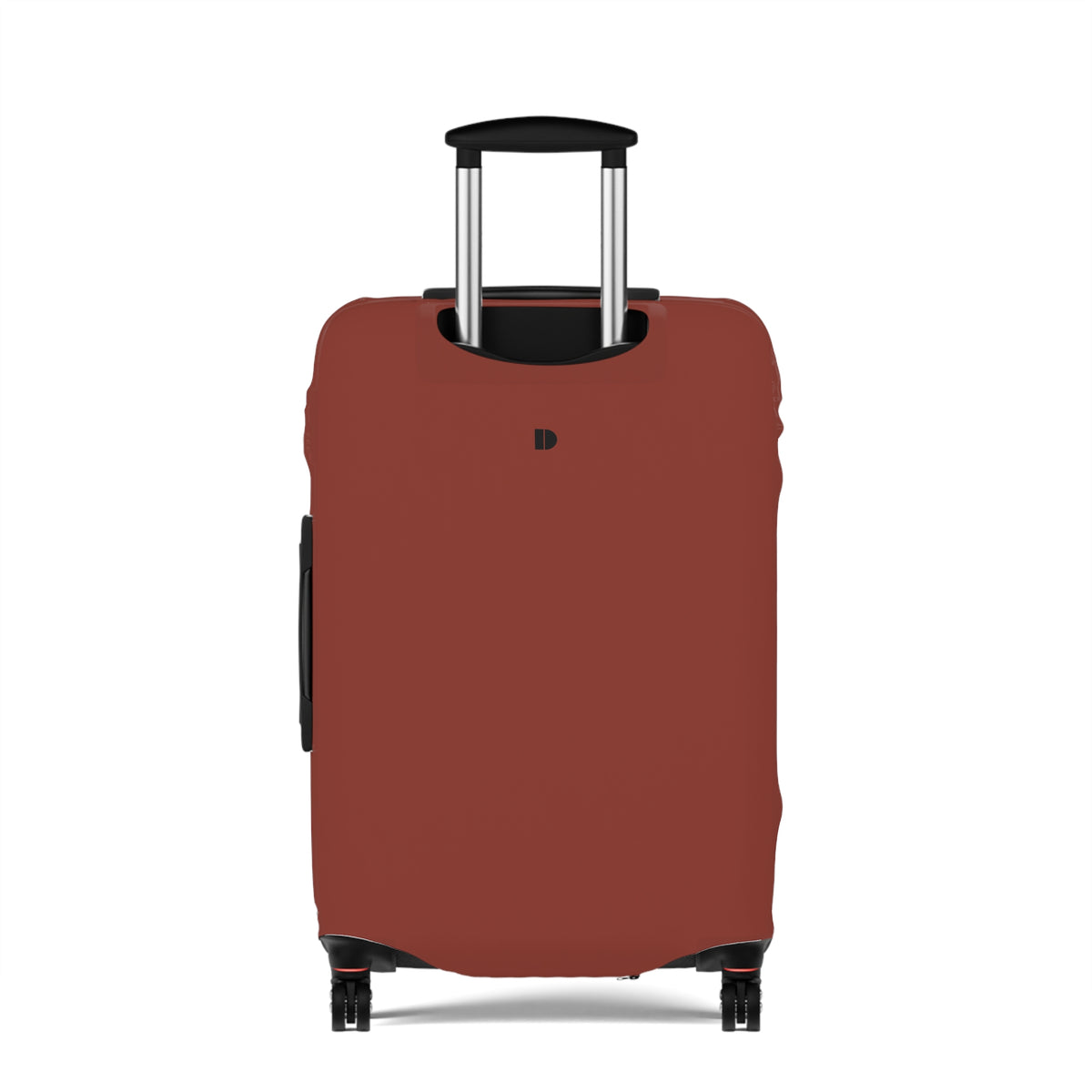 A rust-brown luggage cover fitted over a hard-shell rolling suitcase, shown from the front on a clean white background. The cover has a small black monogram logo near the top center and a side vent on the left.