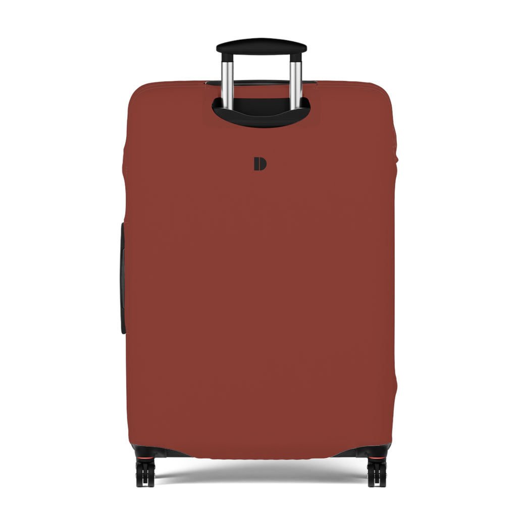 A reddish-brown luggage cover fitted over a hard-shell suitcase with a telescoping handle extended, shown on a plain white background.