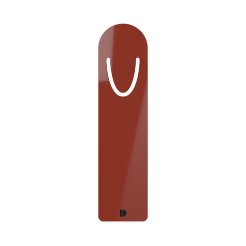 Burnt umber metal bookmark featuring a rounded top with an integrated U-shaped page clip cutout and a small black semi-circle logo stamped near the flat base. Metal bookmark titled 'Burnt Umber Metal Bookmark', available in one size.